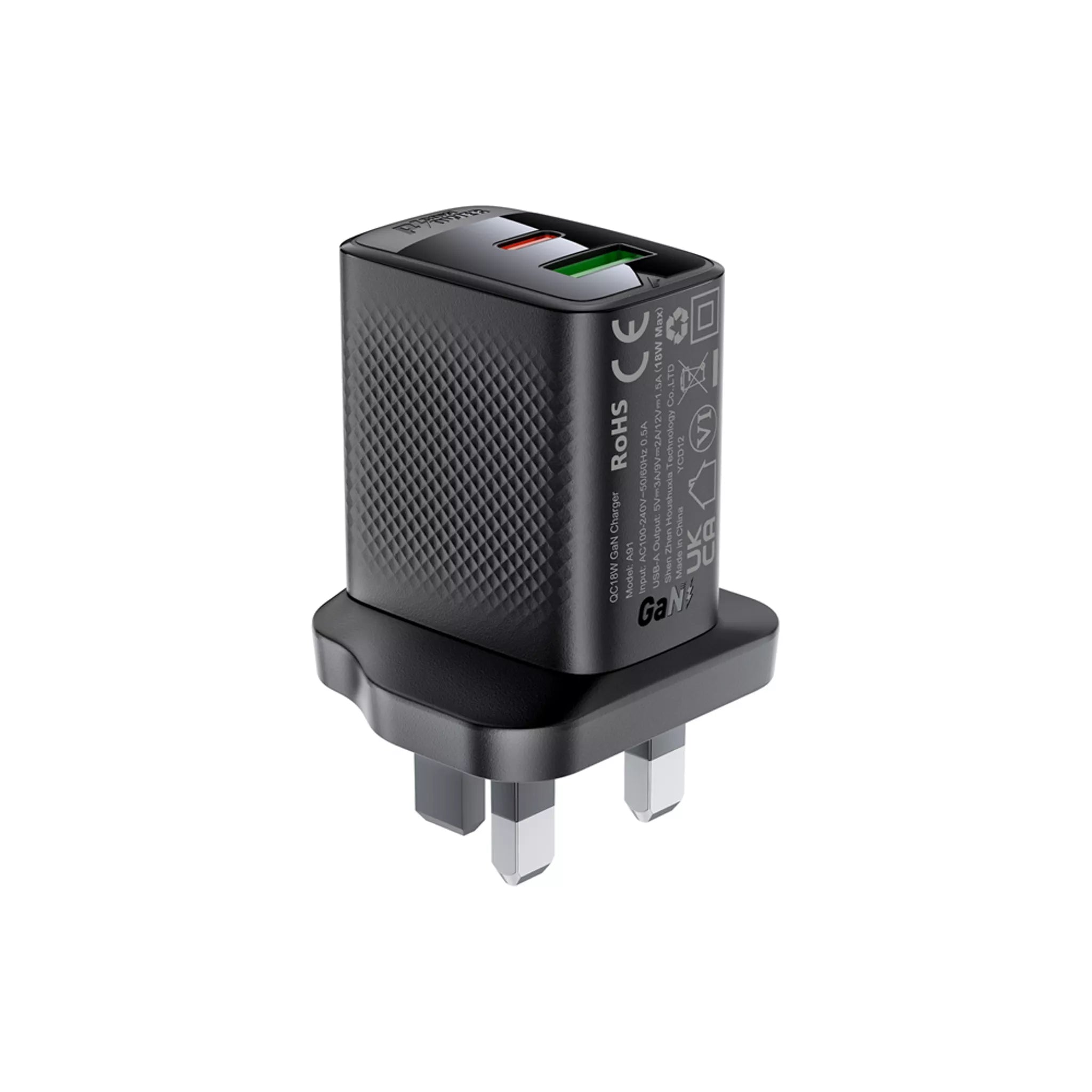 Acefast - 30W GaN USB-C Power Delivery & USB Qualcomm 3-Pin UK Charging Plug - Black