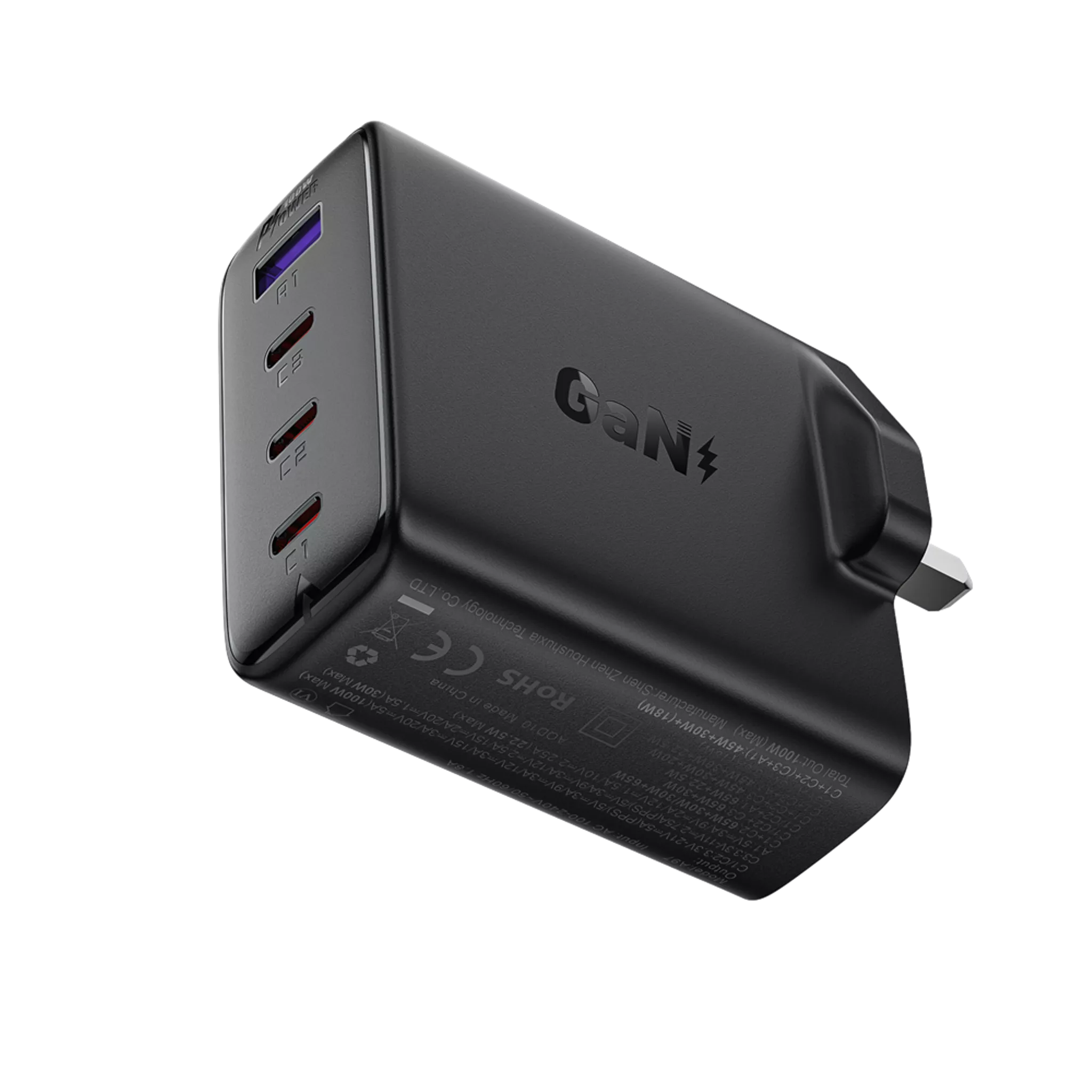 Acefast - 100W GaN Triple USB-C & USB Power Delivery 3-Pin UK Charging Plug - Black