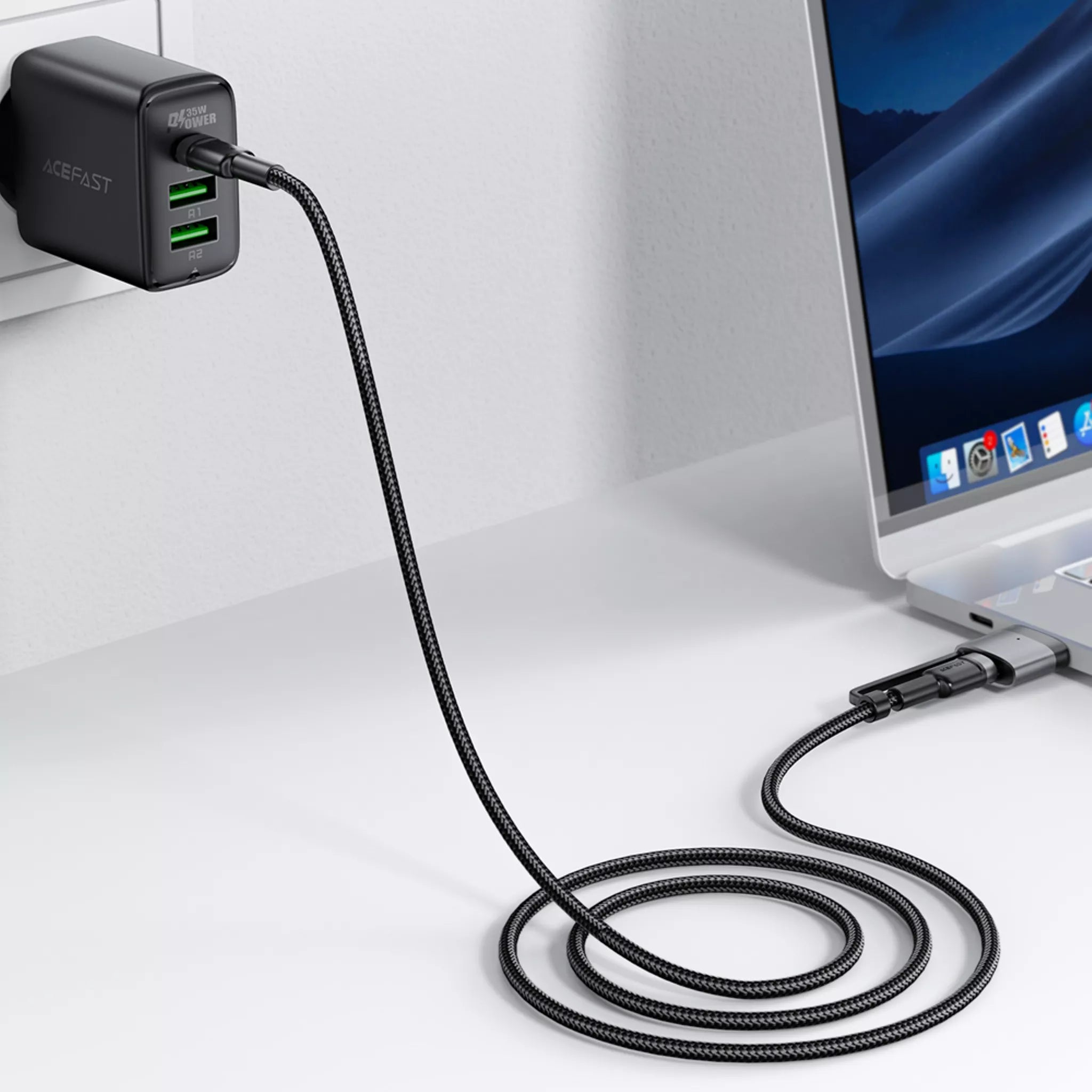Acefast - 2 in 1 Cable - 1.2m (240W) USB-C to USB-C & MagSafe 3 Braided Cable - Black
