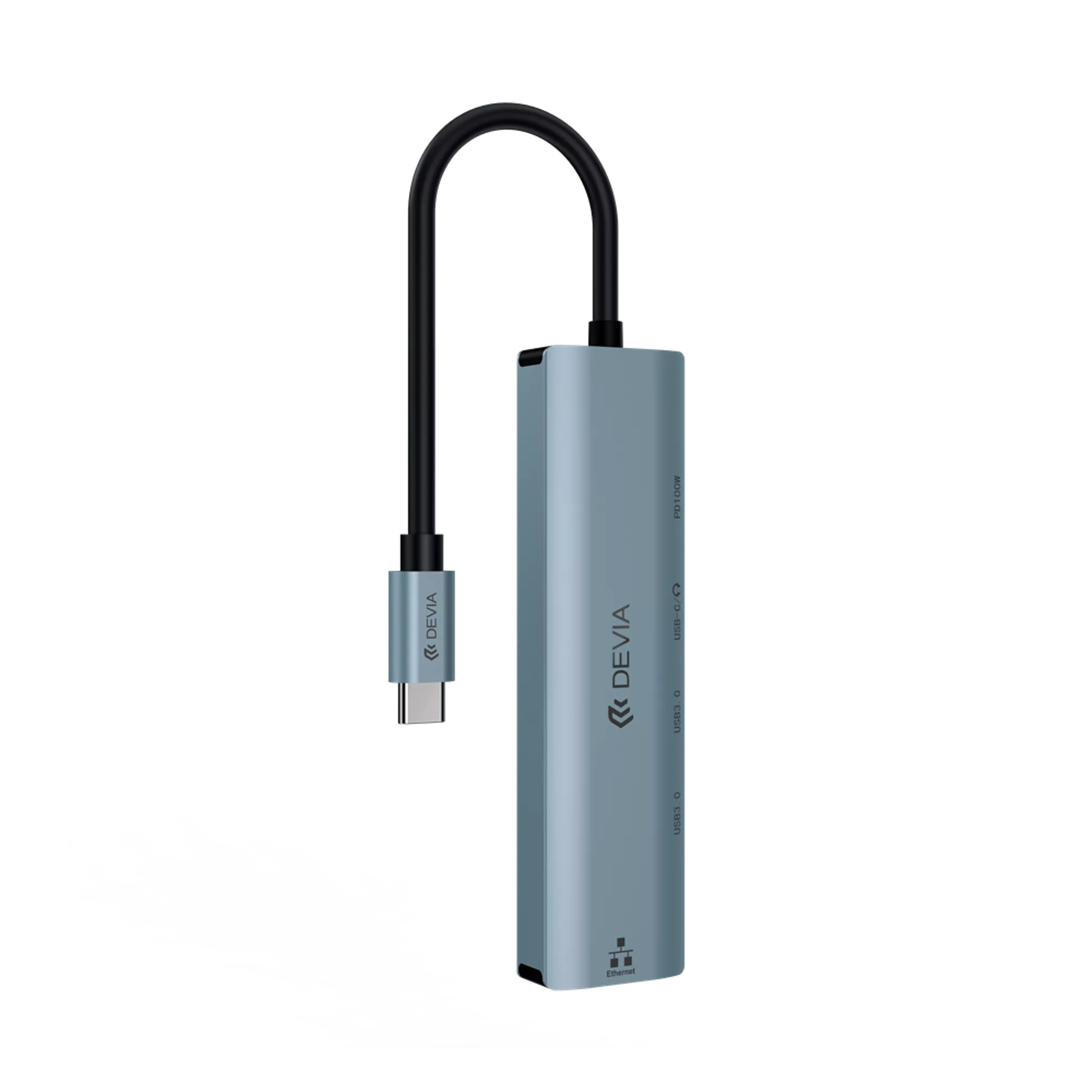 Devia - USB-C 5in1 Hub - 100W PD USB-C, 2x USB 3.0, USB-C, & Ethernet - Grey