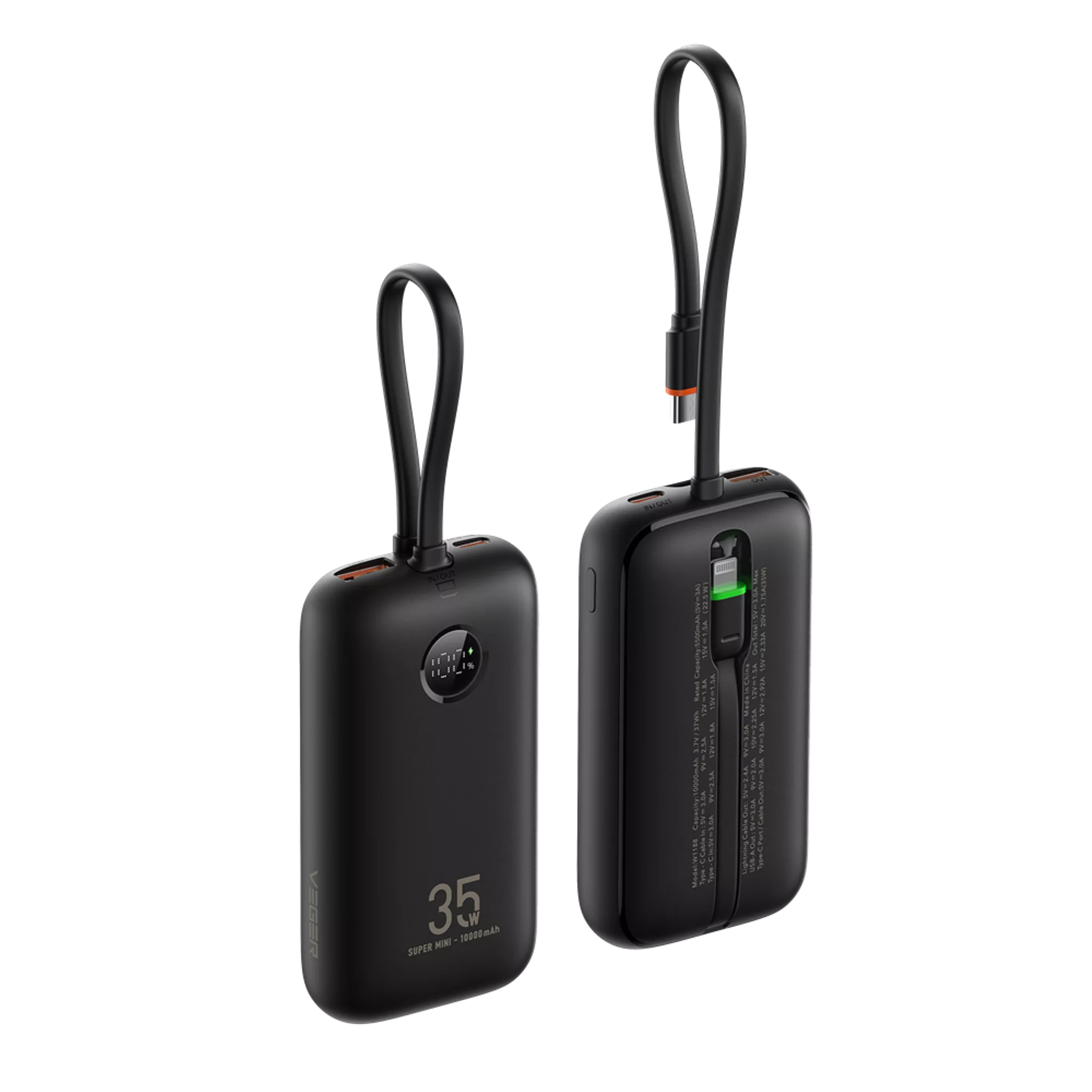 Veger - K1 - 10,000mAh 35W PD Digital Display Powerbank With Built In Non-MFI Lightning & USB-C Cable - Black