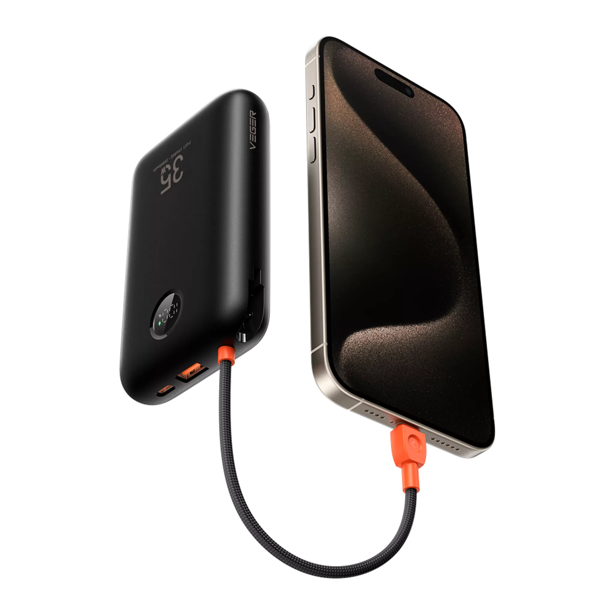 Veger - K2 - 20,000mAh 35W PD Digital Display Powerbank With Built In Non-MFI Lightning & USB-C Cable - Black