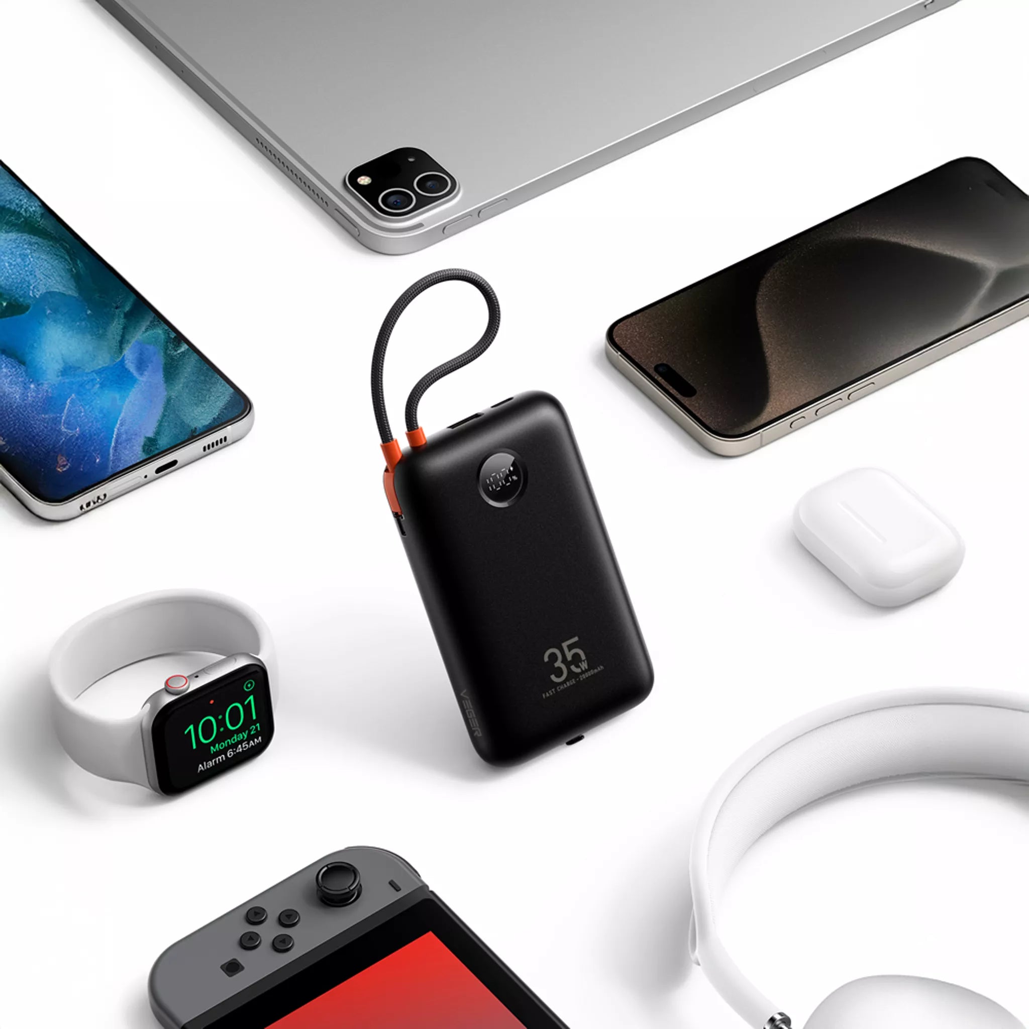 Veger - K2 - 20,000mAh 35W PD Digital Display Powerbank With Built In Non-MFI Lightning & USB-C Cable - Black