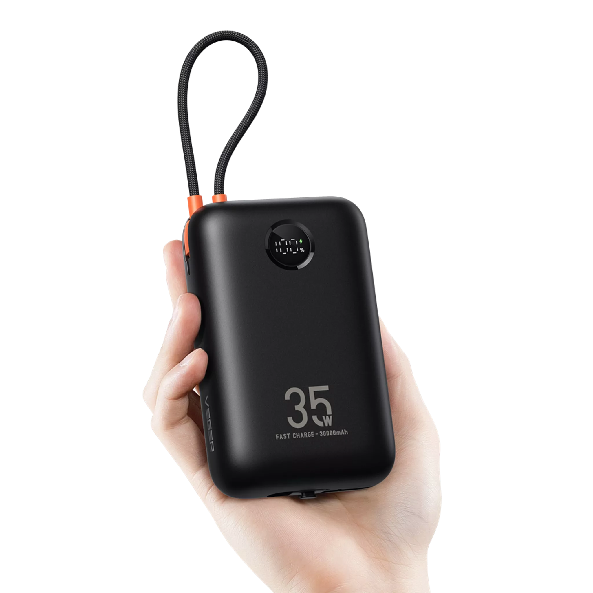Veger - K3 - 30,000mAh 35W PD Digital Display Powerbank With Built In Non-MFI Lightning & USB-C Cable - Black