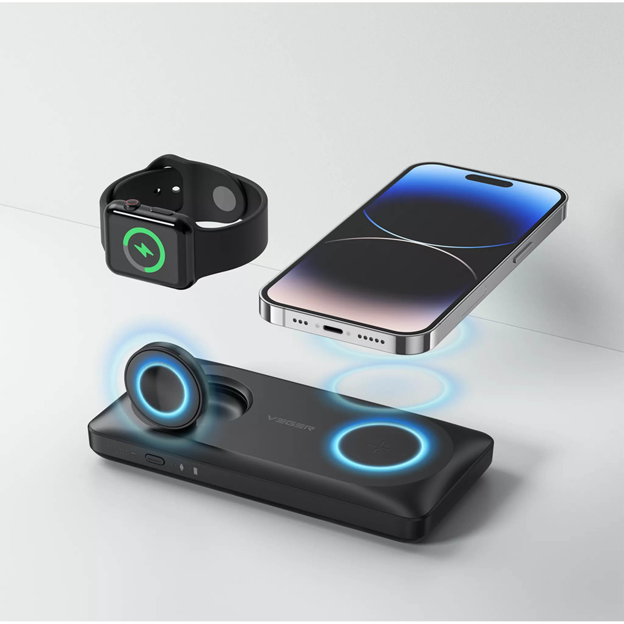 Veger - MagMulti - 10,000mAh 22.5W PD Wireless Charging Powerbank for Apple iPhone, Watch & AirPods - Black