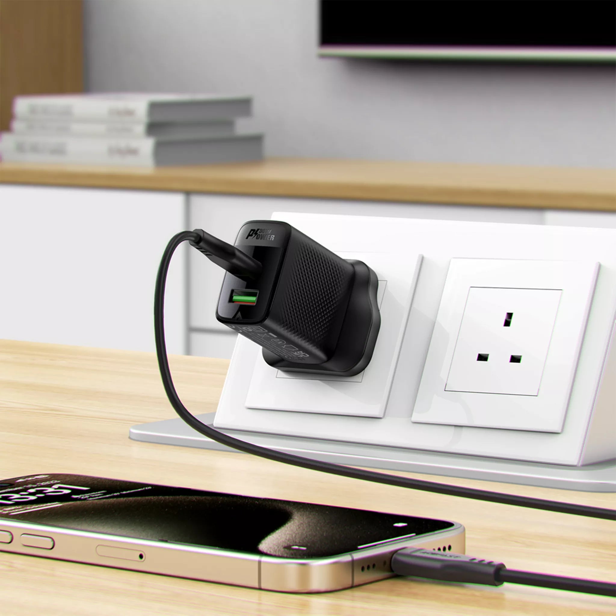 Acefast - 30W GaN USB-C Power Delivery & USB Qualcomm 3-Pin UK Charging Plug - Black